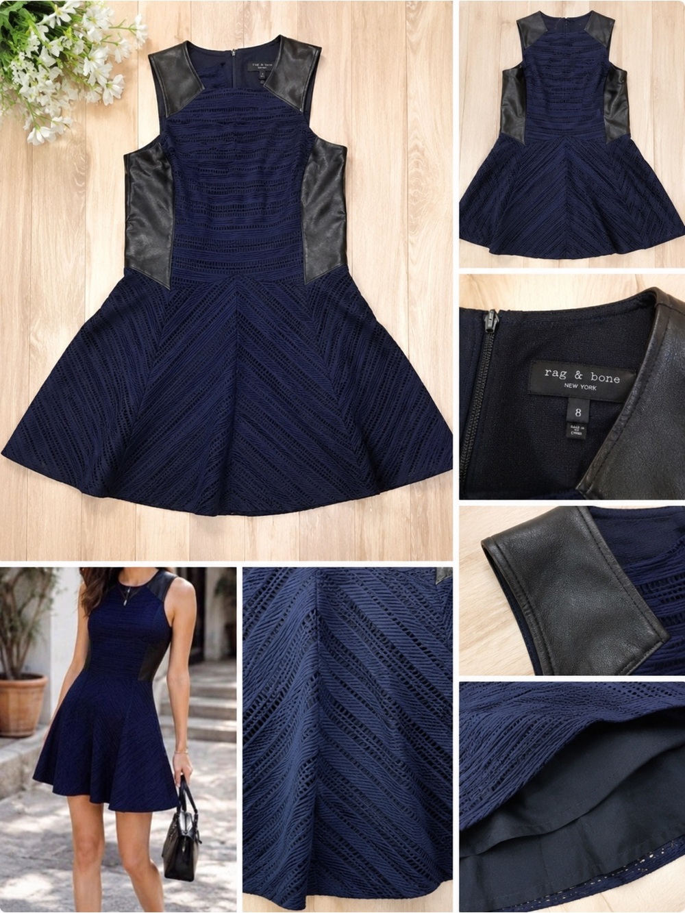 Rag & Bone Basha Lace Panel Sleeveless Dress Women’s Size 8 Navy Black SEXY